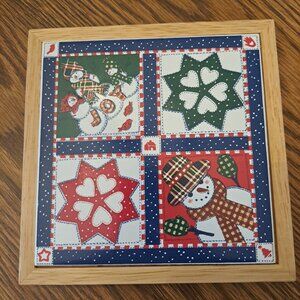 Hallmark Christmas Ceramic Quilt Pattern Snowmen Holiday Trivet Vintage